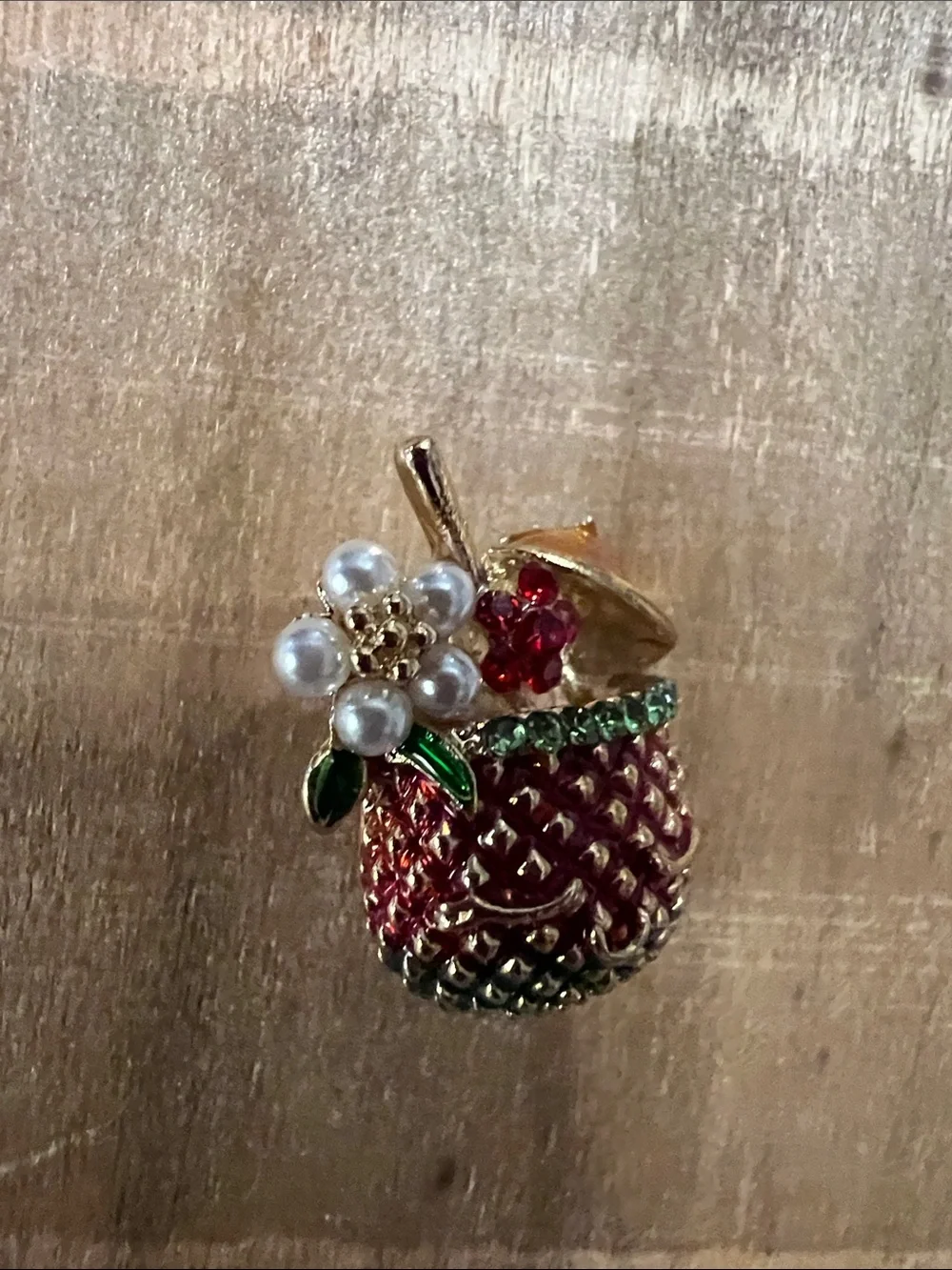 3/$18 Gold-Tone Red Basket Enamel Brooch with Pearl Flower Lot 6047